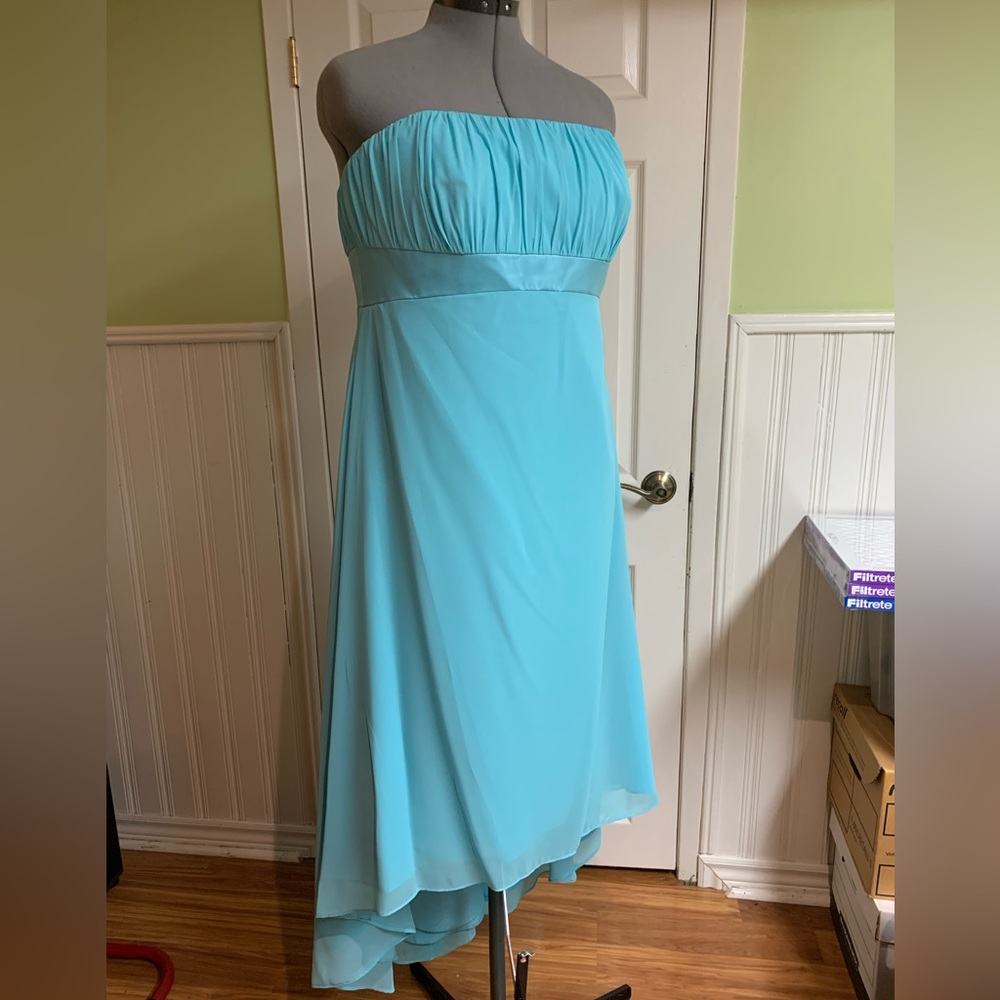 Alfred Angelo Hi Lo strapless aquamarine blue dress